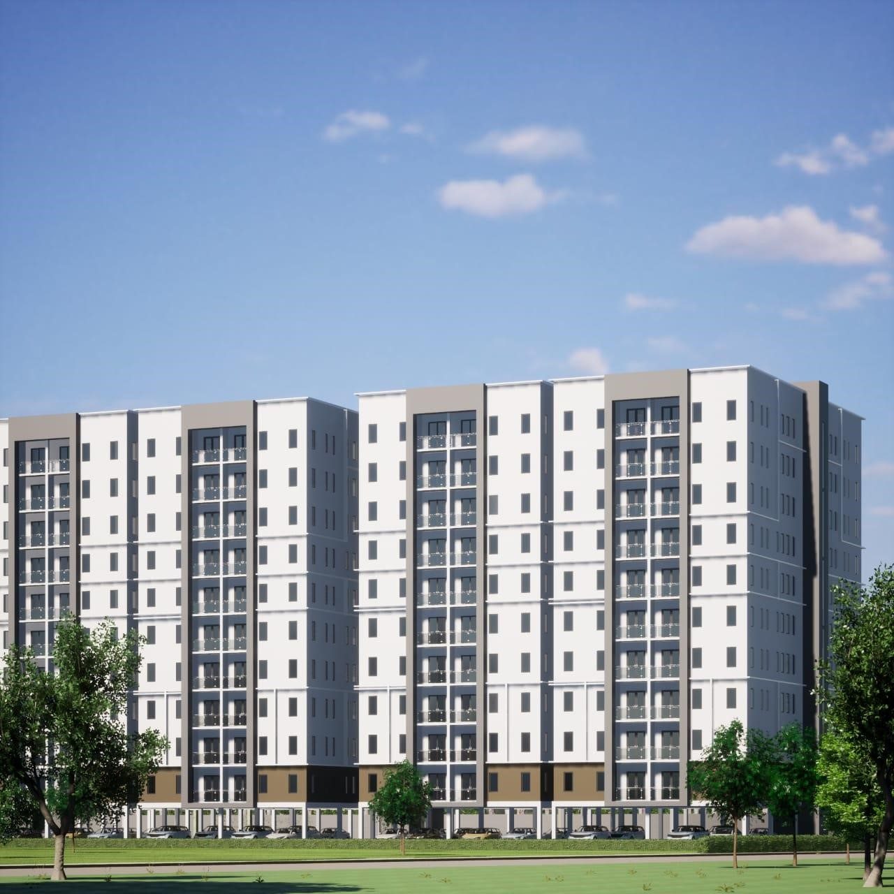 Completed NTP housing estate with landscaped grounds.