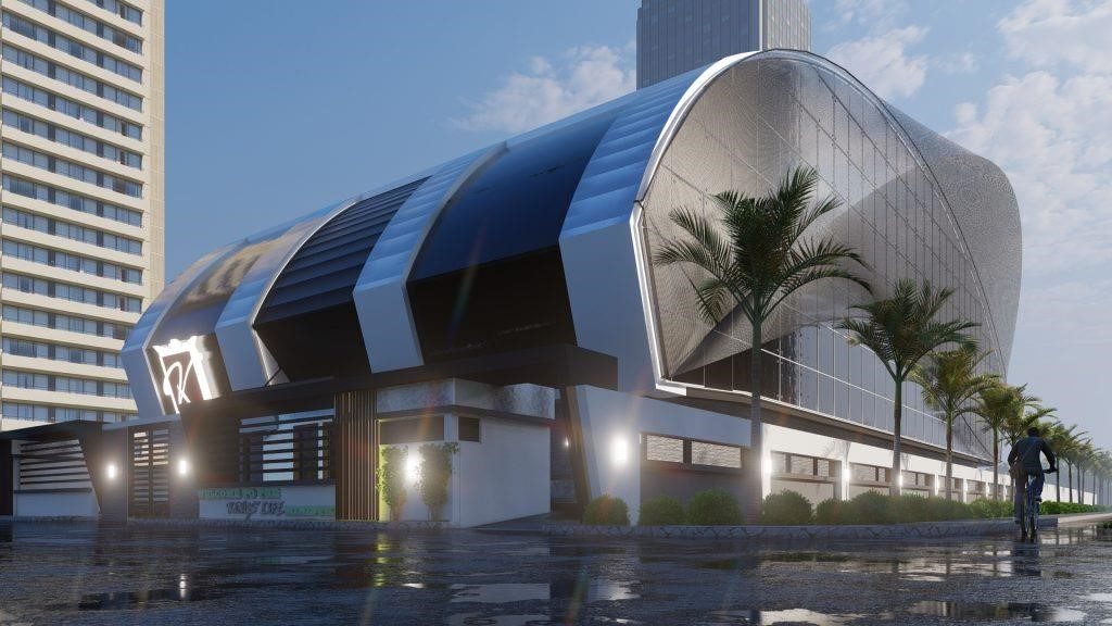 Smart city development with solar panels, green corridors and elevated transit.